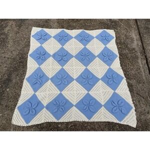 Blue Vintage Floral Flower Knit Throw Blanket White Squares Grannycore Cottage